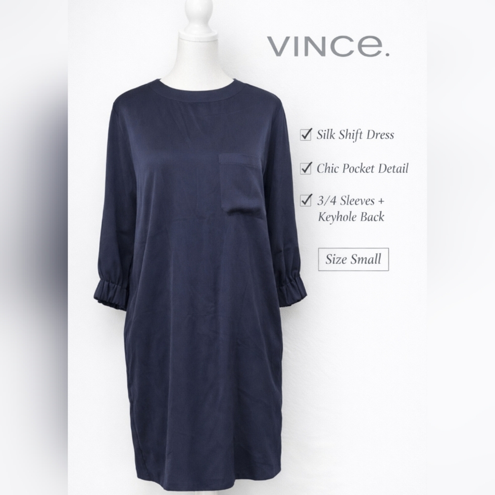 Vince Navy Silk Shift Dress Pocket Detail Keyhole Back Size Small